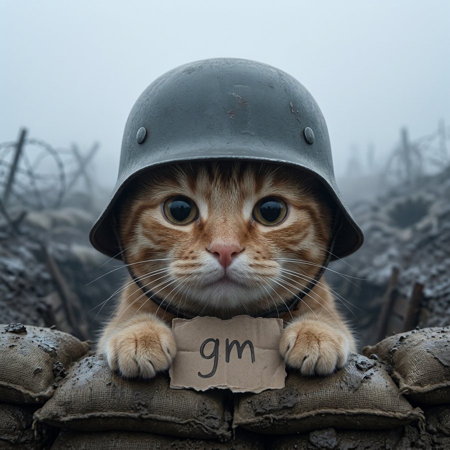 Trench Cat holding a cardboard gm sign