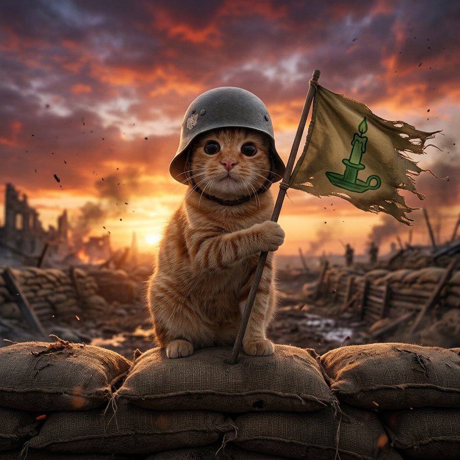 Trench Cat raising a green candle flag on sandbags