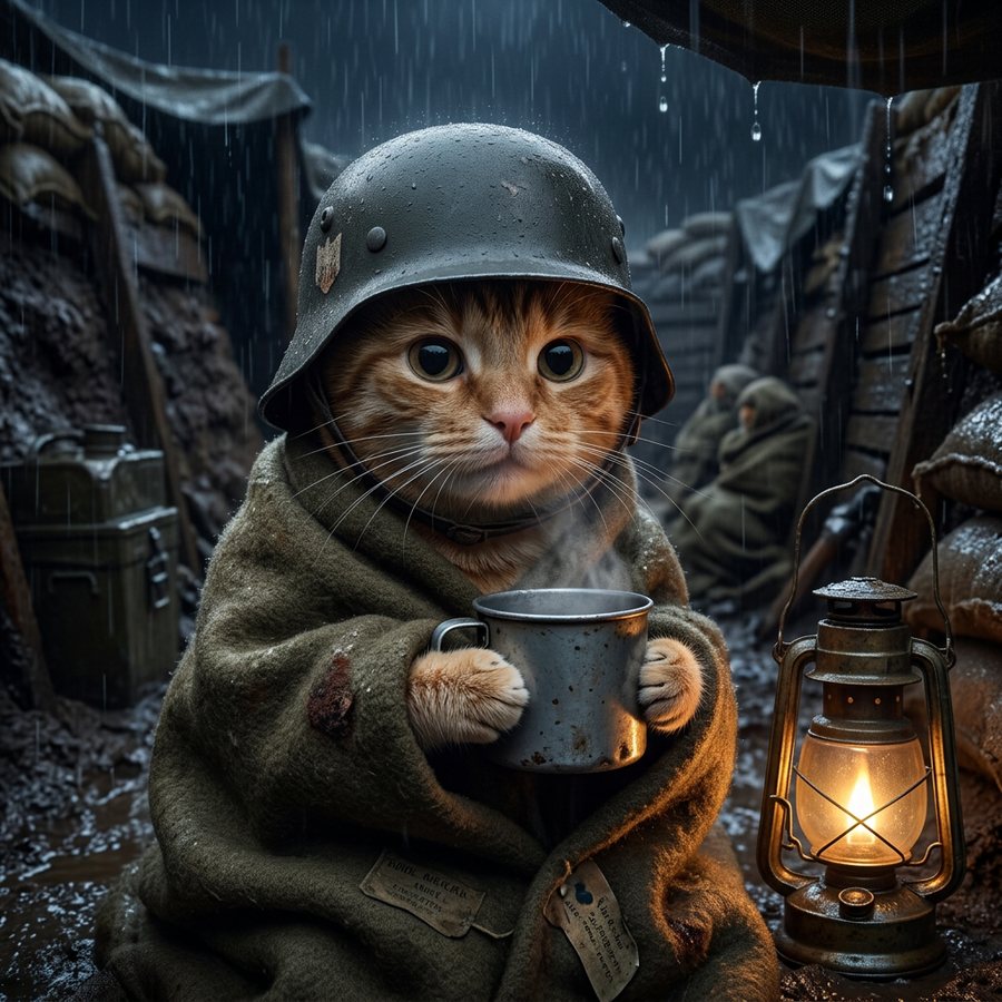 Trench Cat wrapped in a blanket with a tin mug in the rain