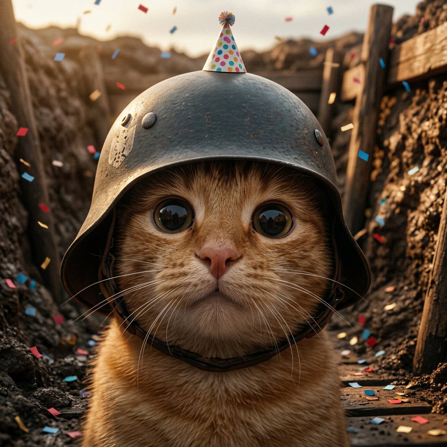 Trench Cat with a party hat and confetti
