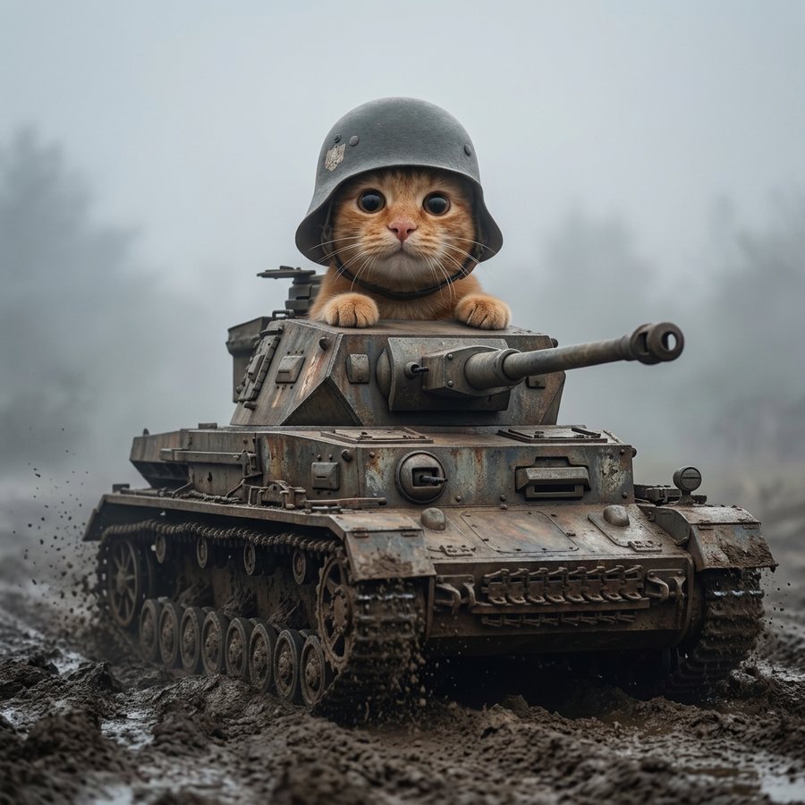 Trench Cat riding a tank through the mud